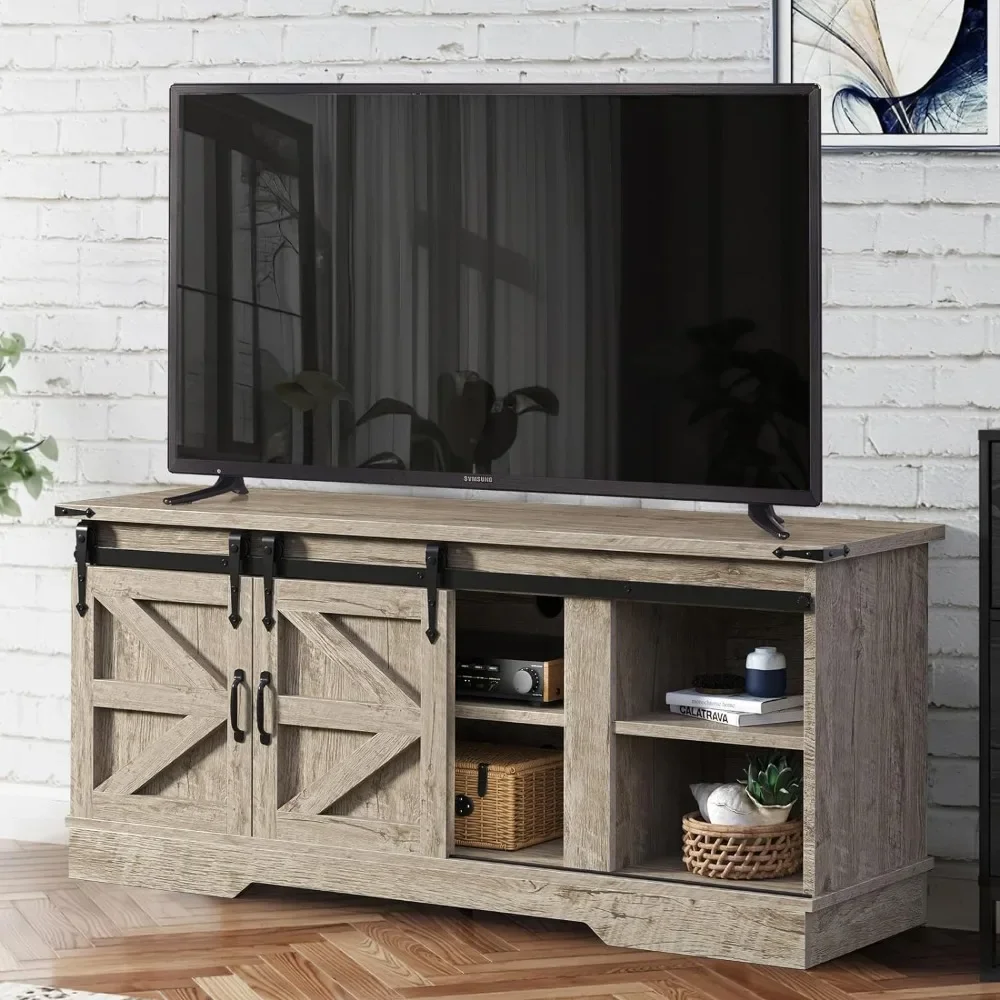 58 Inch Farmhouse TV Stand, Modern Rustic Entertainment Center with Sliding Barn Door and Storage Cabinets