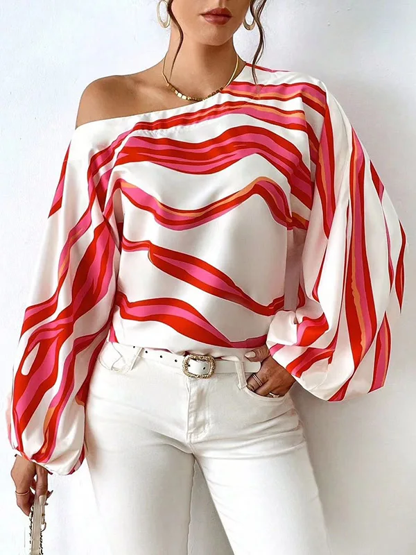 Krismile Autumn Stripe Graphic T Shirts 2024 New Long Sleeves Loose Asymmetric Striped One-shoulder Blouses Tops Women Clothing