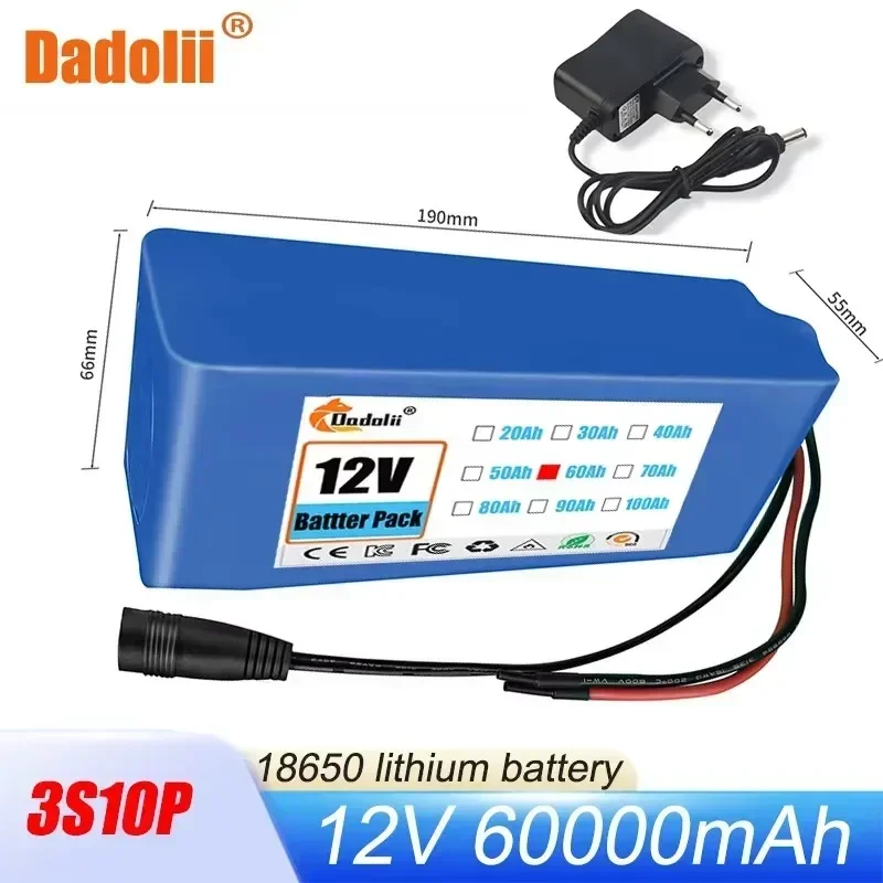 

New 18650 3S10P 12V 60Ah Rechargeable Lithium Ion Battery Pack,For Electric Bike Hoverboard 12V Li-ion Battery +12.6V Charger