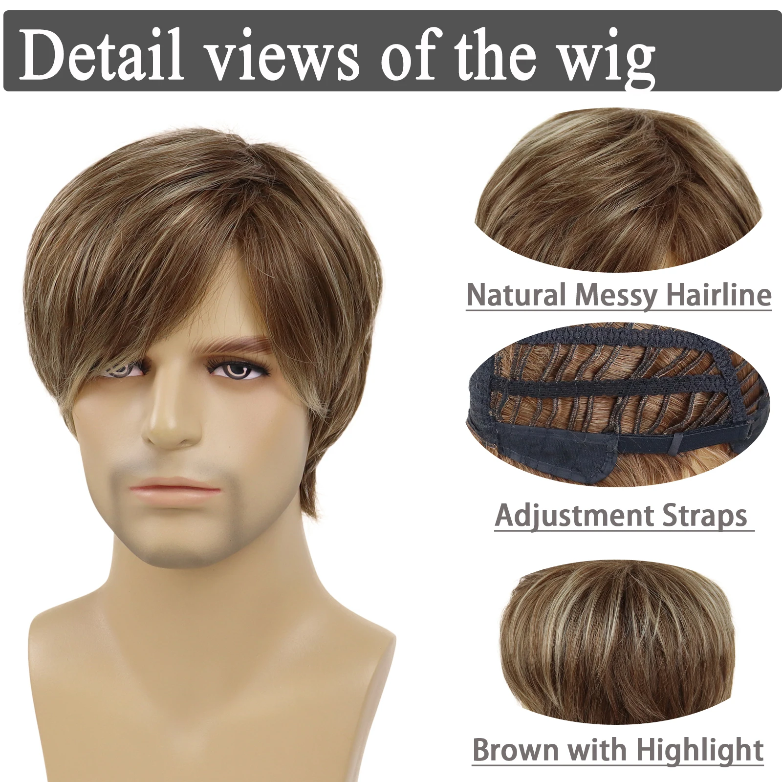 Men's Wig Natural Short Straight Synthetic Wigs for Male Mix Brown Highlight Wig with Side Bangs Daily Cosplay Party Halloween image 4