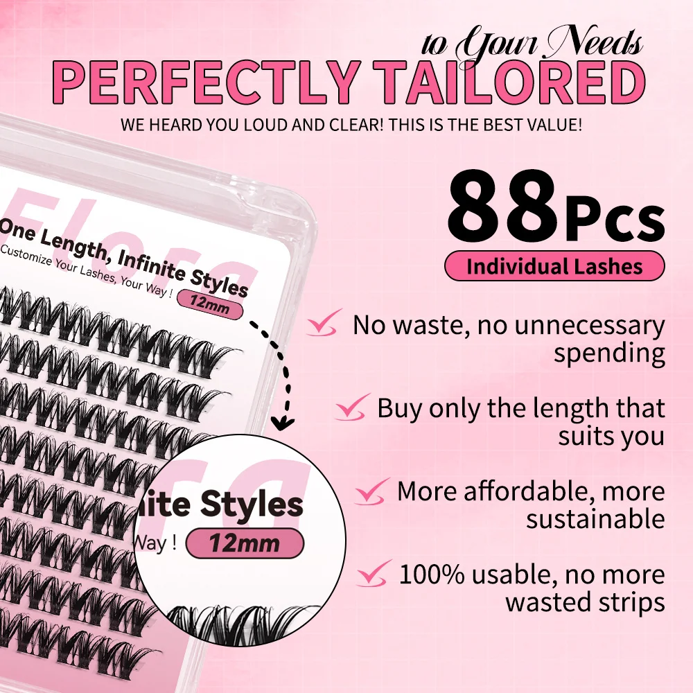 uCoolMe Lashes Flora No-Waste Same Length Cluster Lashes 8 10 12 14 16mm Single-Size Eyelashes Home DIY Grafting Lash Extension
