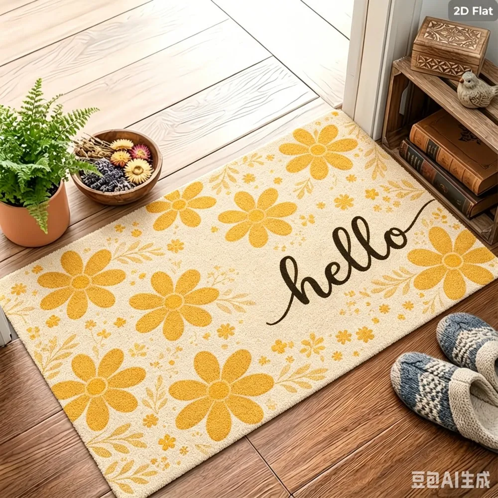 Daisy Flower Hello Doormat Grass Pattern Floral Floor Rug Non Slip Entrance Mat Indoor Outdoor Kitchen Carpet Decor