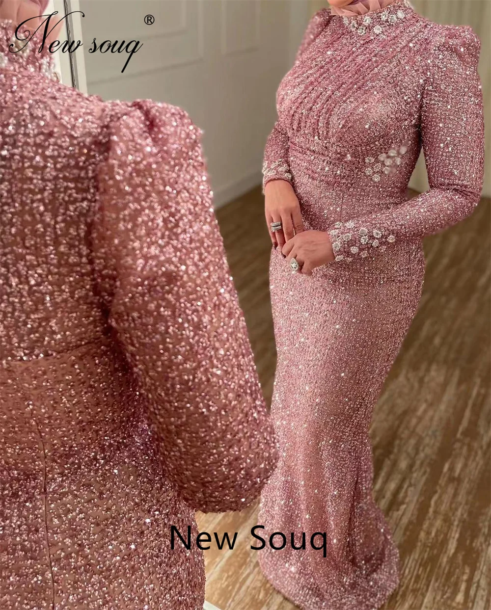 Abiti da sera a sirena rosa musulmana abiti da sera a maniche lunghe arabo Dubai personalizza abito da festa di nozze con perline Robe Du Soir