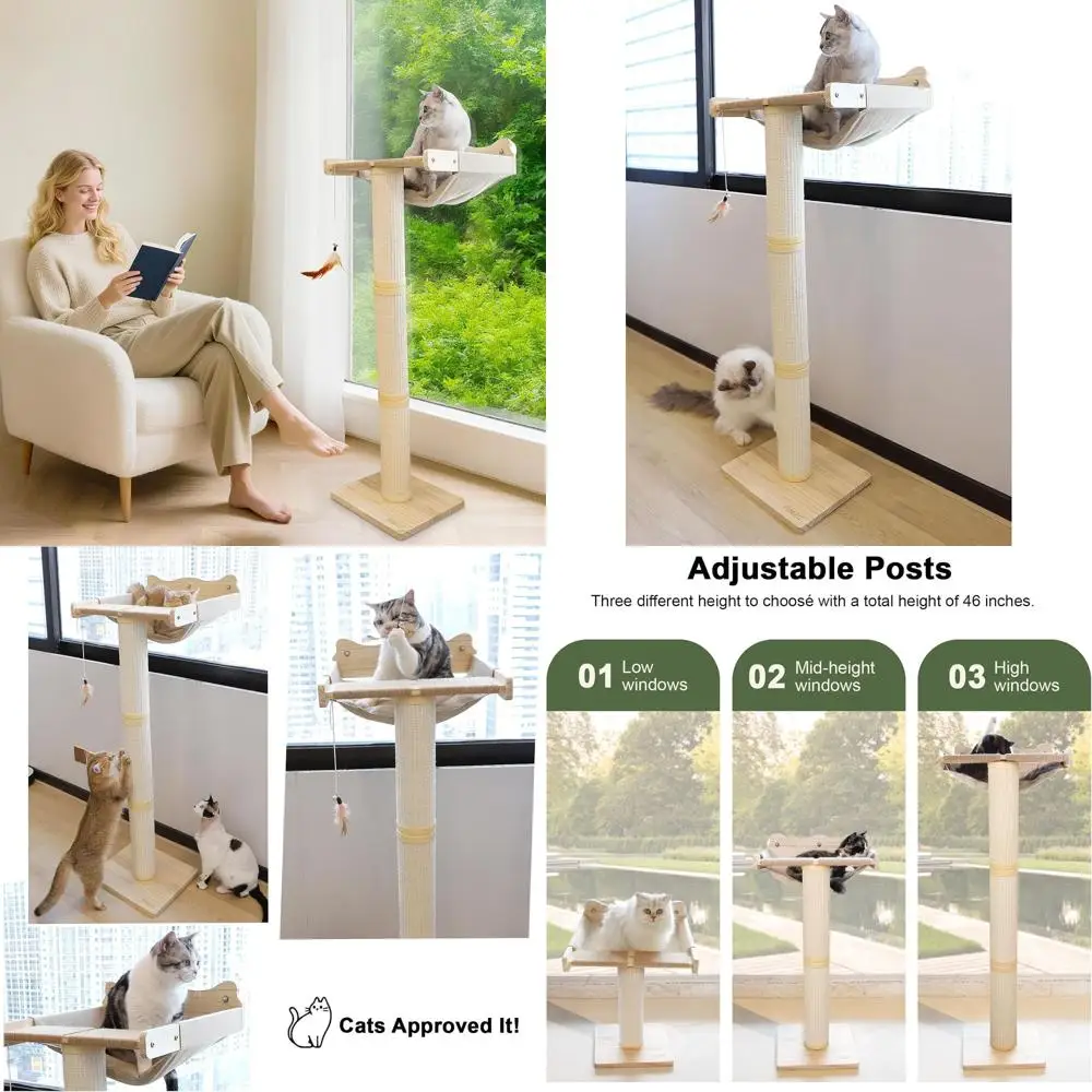

47.3 Adjustable Multi-Level Cat Perch with Scratching Post, Suction Cup - Ideal for Climbing, Bird Watching, Play, Supports 50 l