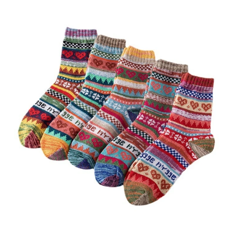 5 Pairs Women Warm Faux Wool Knit Socks Ethnic SMulticolor Heart Striped Hosiery