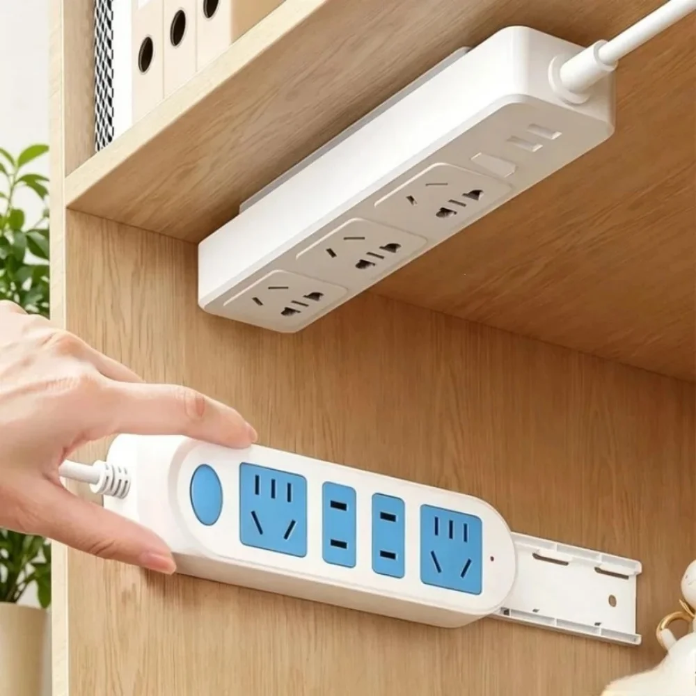 Self-adhesive Power Strip Organizer Fixer Wire Socket Power Strip Hanging Sliding Rail Plastic Home Cable Plug Holder Rack