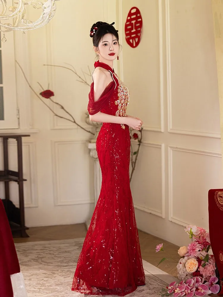 Chinese cheongsam toasting dress bride's sequined wedding fishtail red engagement