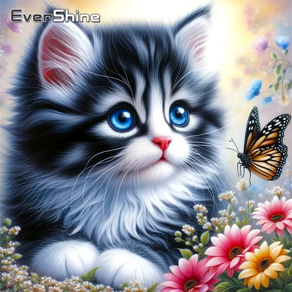 EverShine Diamant-Mosaik Tierbild Strass-Stickerei Katze Vollflächiges Quadratisches Gemälde Gänseblümchen Schmetterling Kinder-Hobby