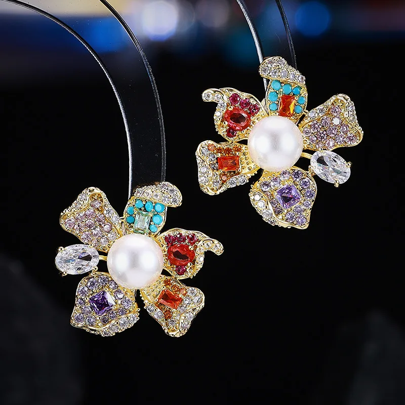 Multi Color Cubic Zirconia Flower Stud Earrings for Women Pearl Center Statement Jewelry Banquet Party Gathering Cute Jewelry