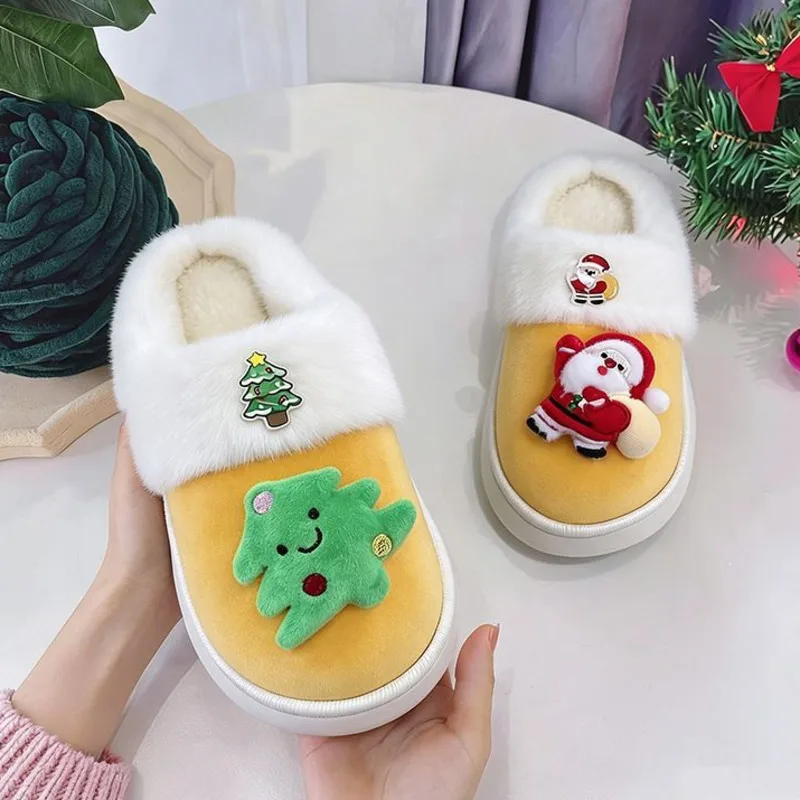 Christmas Plush Slippers Warm Cute Fuzzy Indoor Home Shoes Santa, Tree Cartoon Couple Soft Cozy, Winter Footwear Gift Men Women