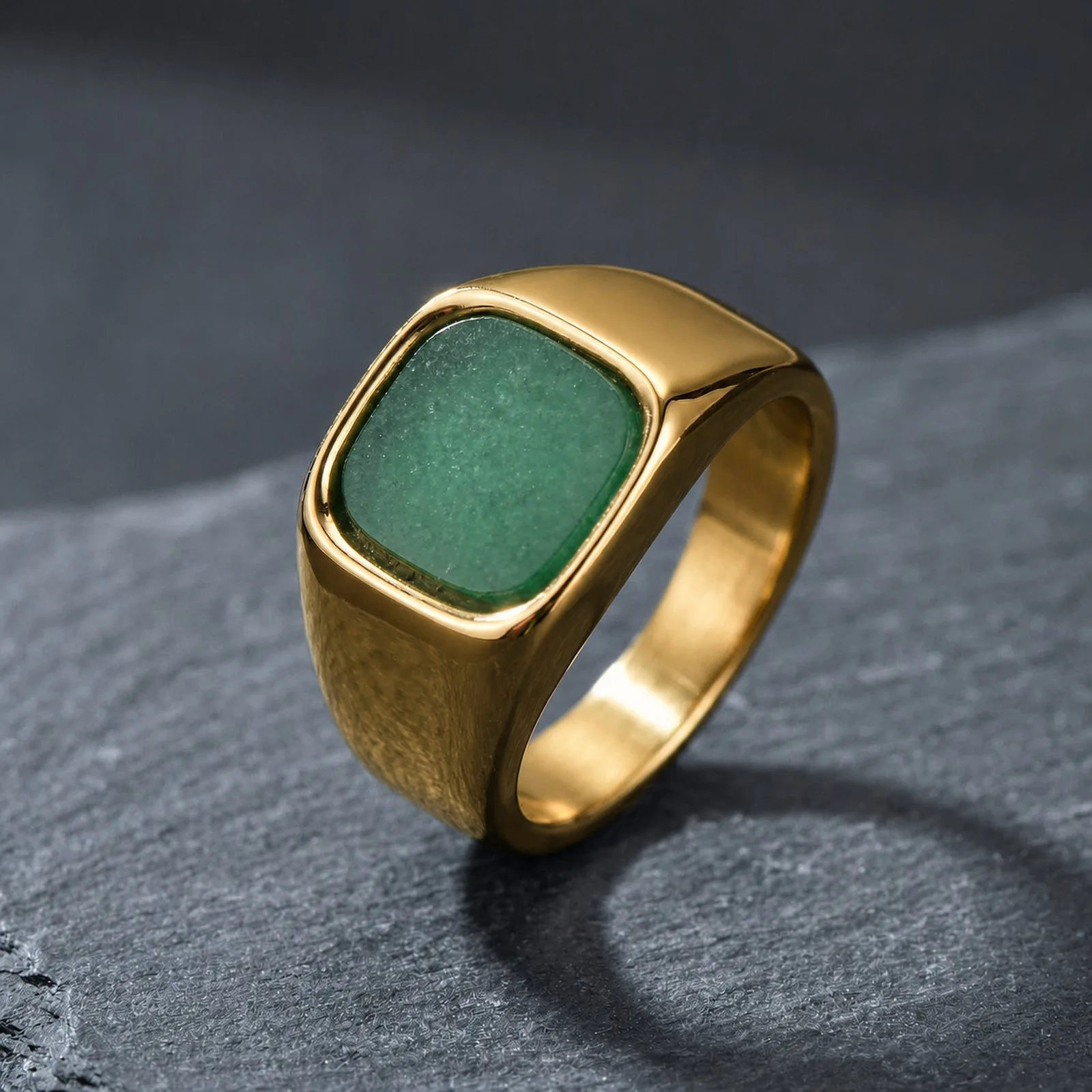 Punk Grüner Naturstein Quadratischer Ring für Männer, Vergoldeter Edelstahl Siegelring, Geburtstagsgeschenk für Ihn Papa – Detail 3