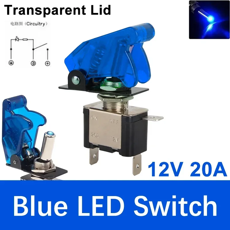 Beleuchteter LED-Kippschalter für Auto, Auto, Boot, LKW, mit Sicherheitsflugzeug, hochklappbarer Abdeckungsschutz, 12 V, 20 A, transparent
