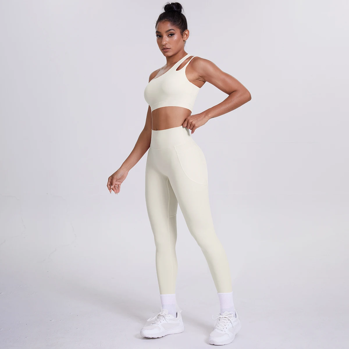 2-teiliges einfarbiges Sport-Yoga-Set für Damen, sexy, schräger Schulter-BH, Fitness-Top, Laufen, Radfahren, Taschen, Hosen, Fitnessstudio, Yoga-Set – Detail 23