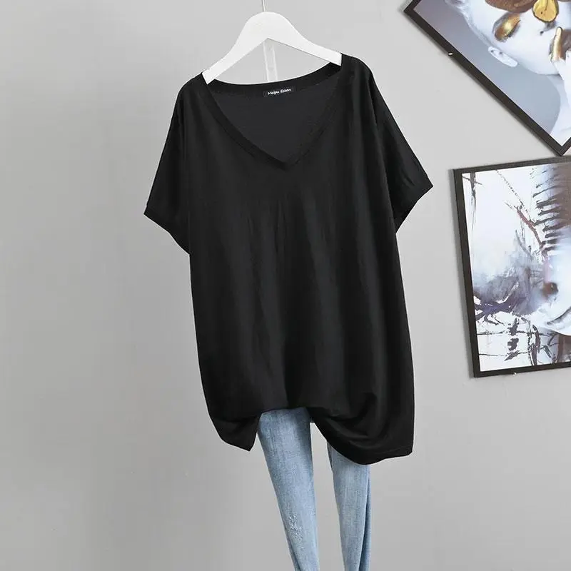 2023 Summer New Solid Color V-neck Short Sleeve Mid-length T-Shirts Women Loose Casual All-match Tees Fashion Simple Youth Tops