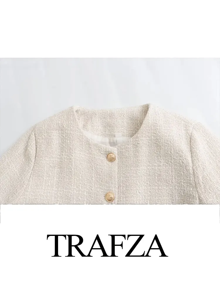 TRAFZA 2024 Spring Women\'s Small Fragrance Textured Jacket Round Neck Chic Pocket Style Women\'s Metal Breasted Short Street Coat