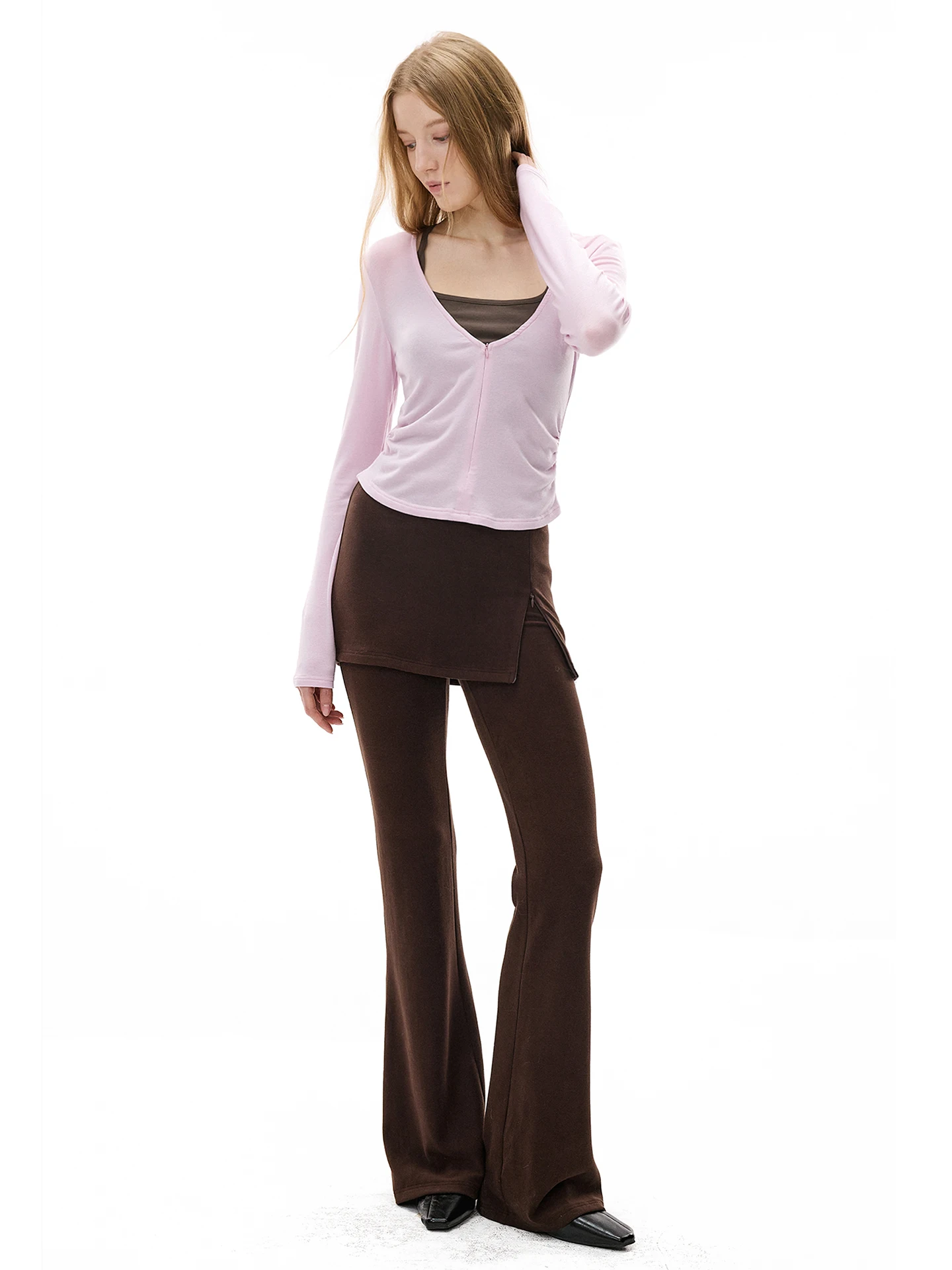 

Комплект Moroo: розовый шелково-шерстяной топ с V-образным вырезом и цветными вставками, жилет и футболка, женский, весенний, с эффектом утяжки на талии, повседневный, с длинными рукавами