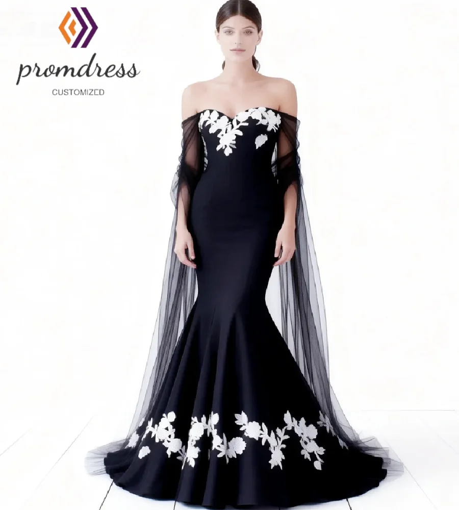 Elegant Mermaid Black Evening Dress Off Shoulder White Lace Gothic Bohemian Bridal Dress gypsy Hippie Boho Beach Bride Dress