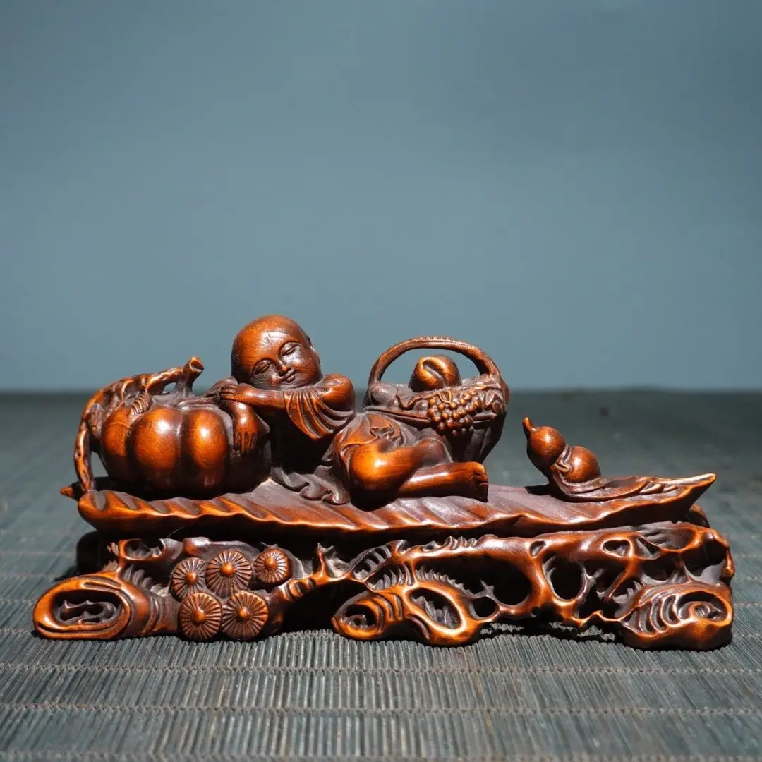 Hand Carved Wood Good luck and a bountiful year Statue Figurine Desktop Ornaments Home Decoration