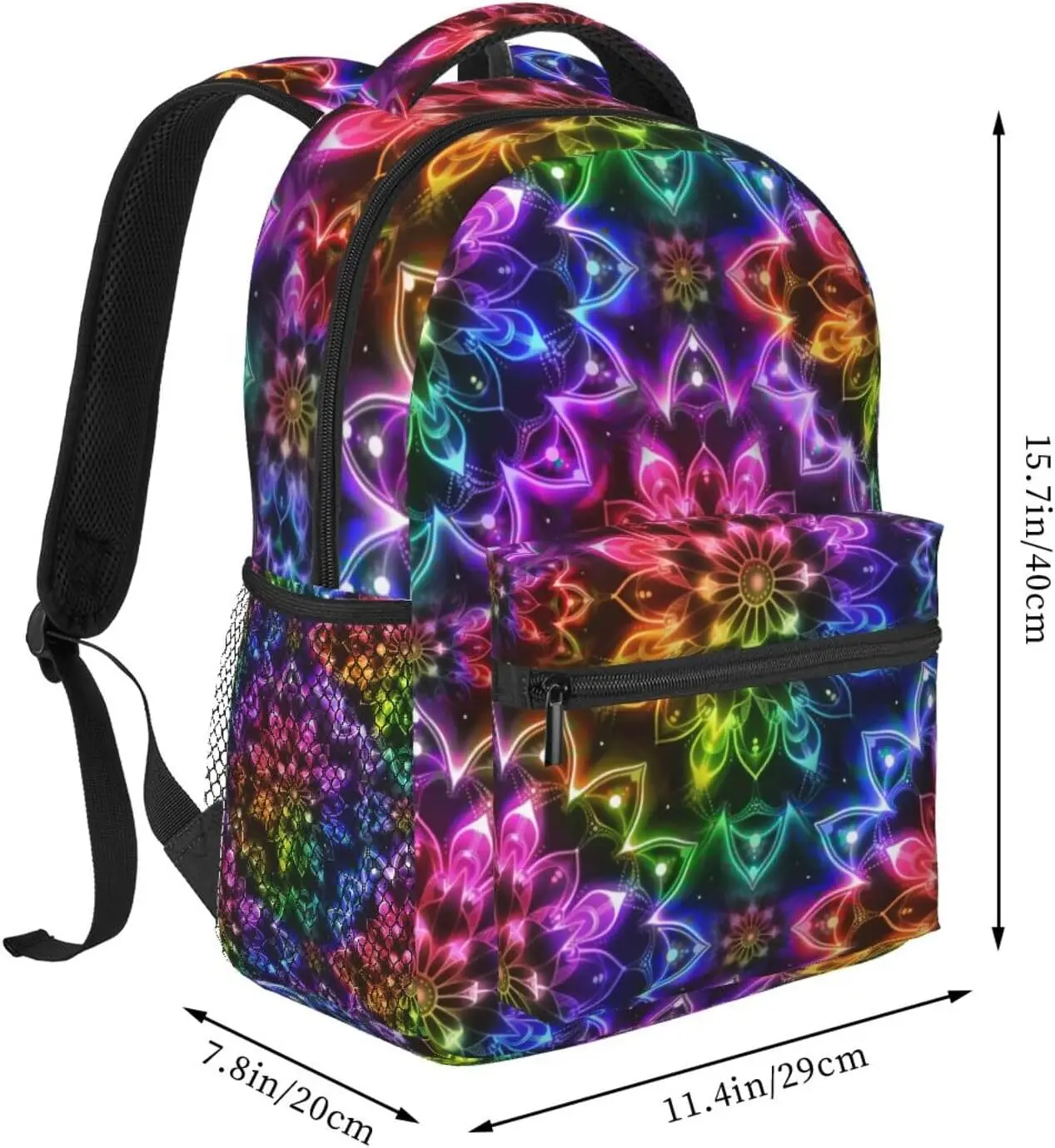 Kaleidoscope Mandala Neon Rain Backpack for Men Women Adjustable Laptop Backpacks Shoulder Bag for Travel Hiking Outdoor