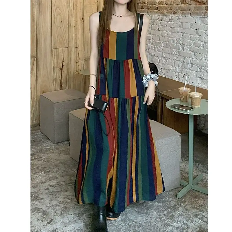 Vintage Rainbow Striped Spaghetti Strap Dress Loose Fit Casual Summer Long Dress