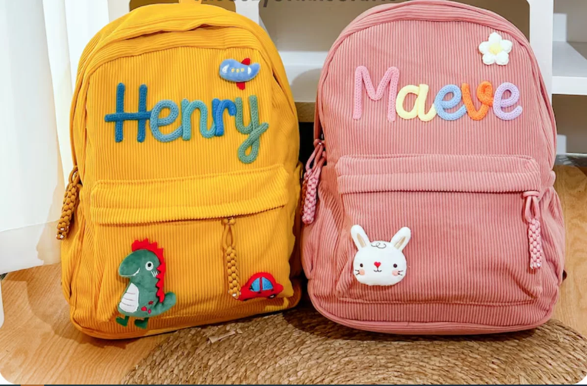 Large Size Corduroy Backpack for Toddlers, Personalized Preschool Daycare School Bag, Custom with Name Kids Back to School Gift