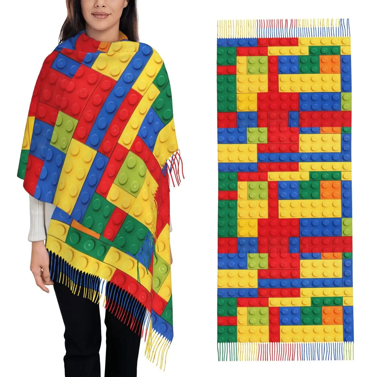 Colorful Bricks Design Scarf Tassel Scarves Women Soft Warm Shawls and Wraps Large Fall Winter Shawl Wrap