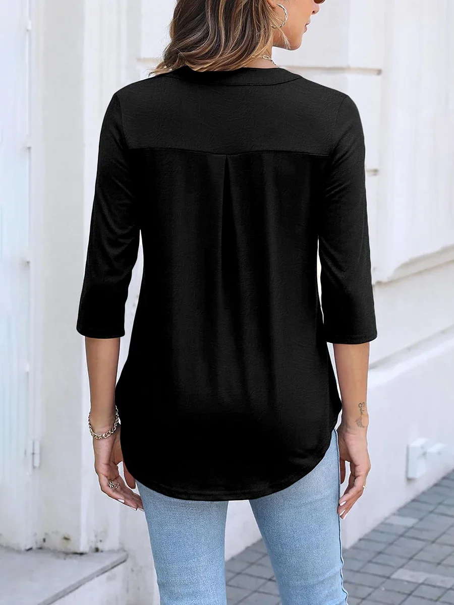 Heißer Verkauf Elegantes Damen-Oberteil mit Reißverschluss und V-Ausschnitt, Schwarzes Top, Modische 3/4-Ärmel-Bluse, Locker Sitzendes T-Shirt mit Tasche, Büro-Damenhemd – Detail 3