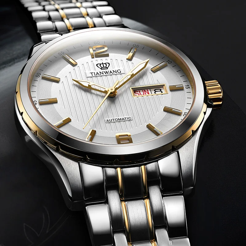 TIAN WANG Men\'s Business Automatic Mechanical Watch For Men Retro Double Calendar Wristwatch Steel Band Sapphire Watches Clock