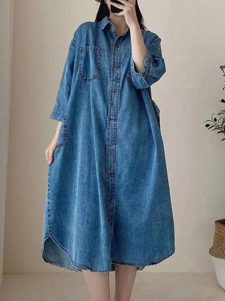 2025 Moda estiva Solid Denim Mezza manica Colletto rovesciato Bottoni Camicia Abito Abiti da donna Abiti eleganti da donna di moda