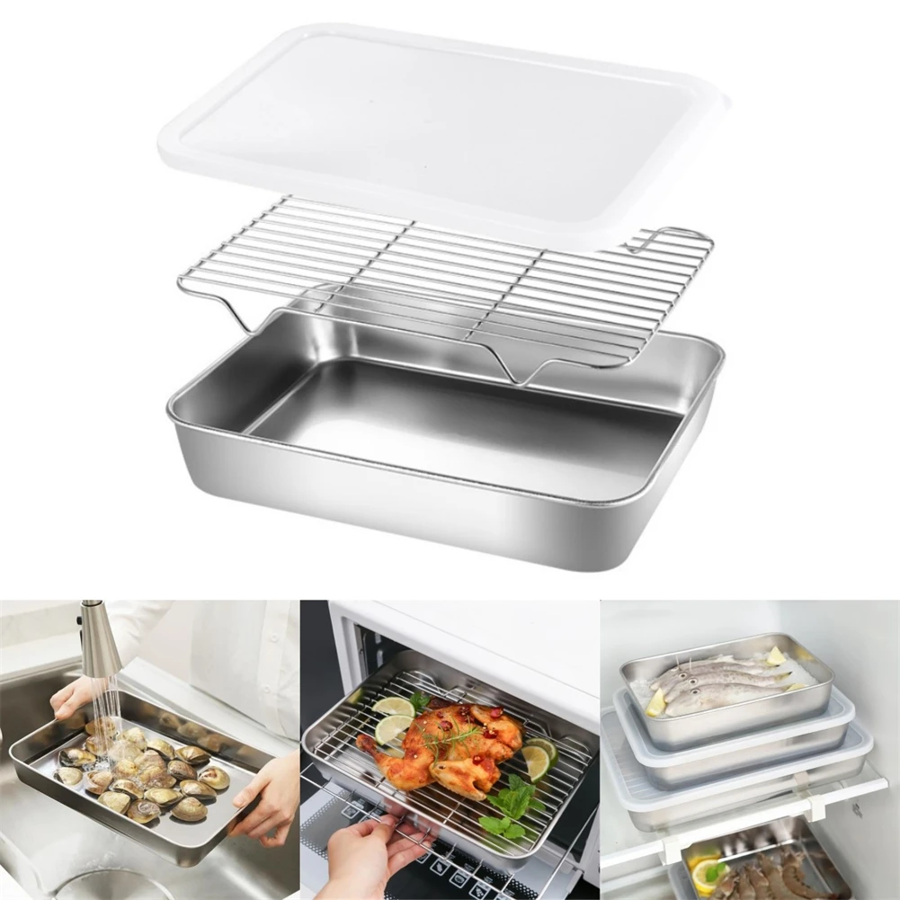 Stainless Steel Baking Pan Tray With Wire Rack Cake Baking BBQ Pan Tray Plate Oven Brownie Rack Kitchen Cooking Roasting Tool