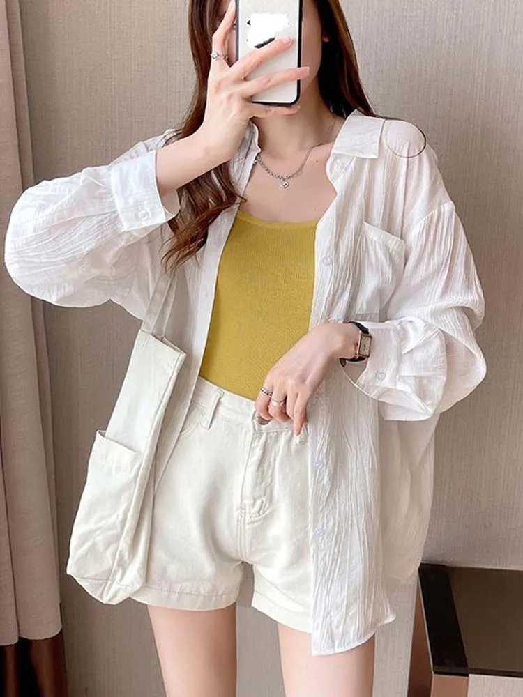 White Ice Silk Sunscreen Shirt Women Summer Loose Sun Protection Cardigan Thin Coat Lady Korean Fashion Long Sleeve Blouses Tops