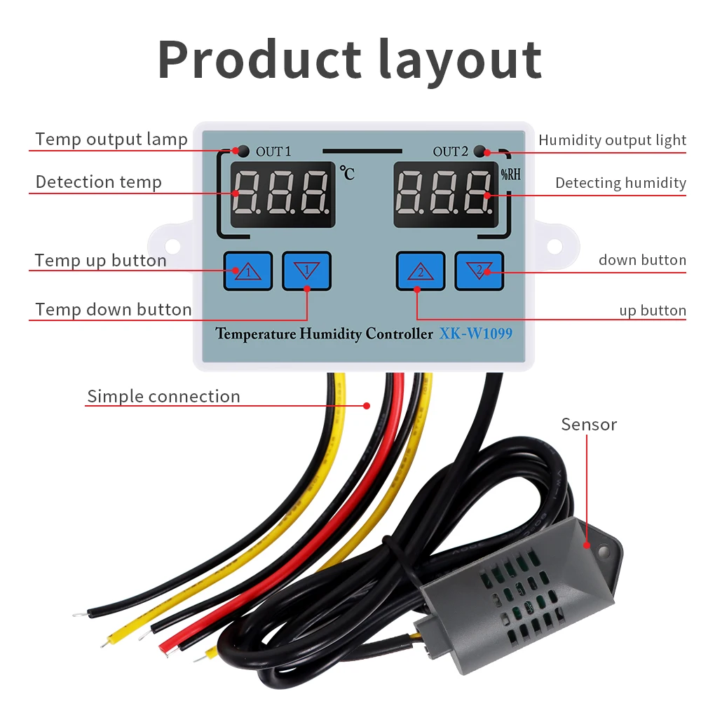 Dual Display Digital Temperature Humidity Controller AC 110-220V Egg Incubator Thermostat Humidity Controller XK-W1099 EU Plug