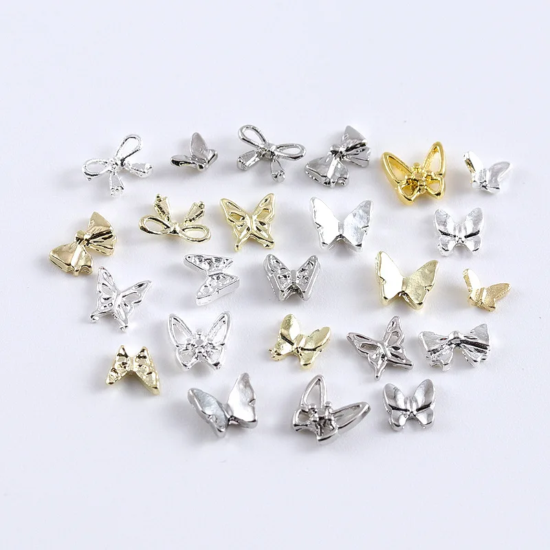 10 pçs mini liga de ouro prata borboleta prego charme 3d bowtie parte metal manicure acessórios retro decoração do prego suprimentos hj169