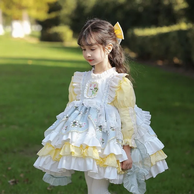 Baby Girl Velvet Yellow Lace Lolita Princess Dress Infant Toddler Children Vintage Layer Tulle Vestido Christmas Baby Clothes