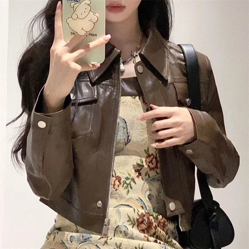 Female Korean Retro Spicy Girl Style Coffee Color Short Leather Jacket 2024 Spring Women's New High-end PU Leather Jacket Top