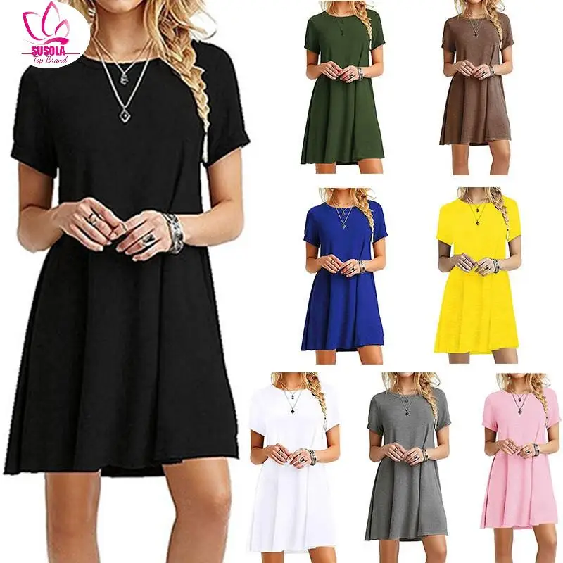 

SUSOLA Women Dresses Lady Summer Sexy O Neck Boho Beach Dress Ruffle Short Sleeve A Line Mini Dress Wrap Sundress Robe