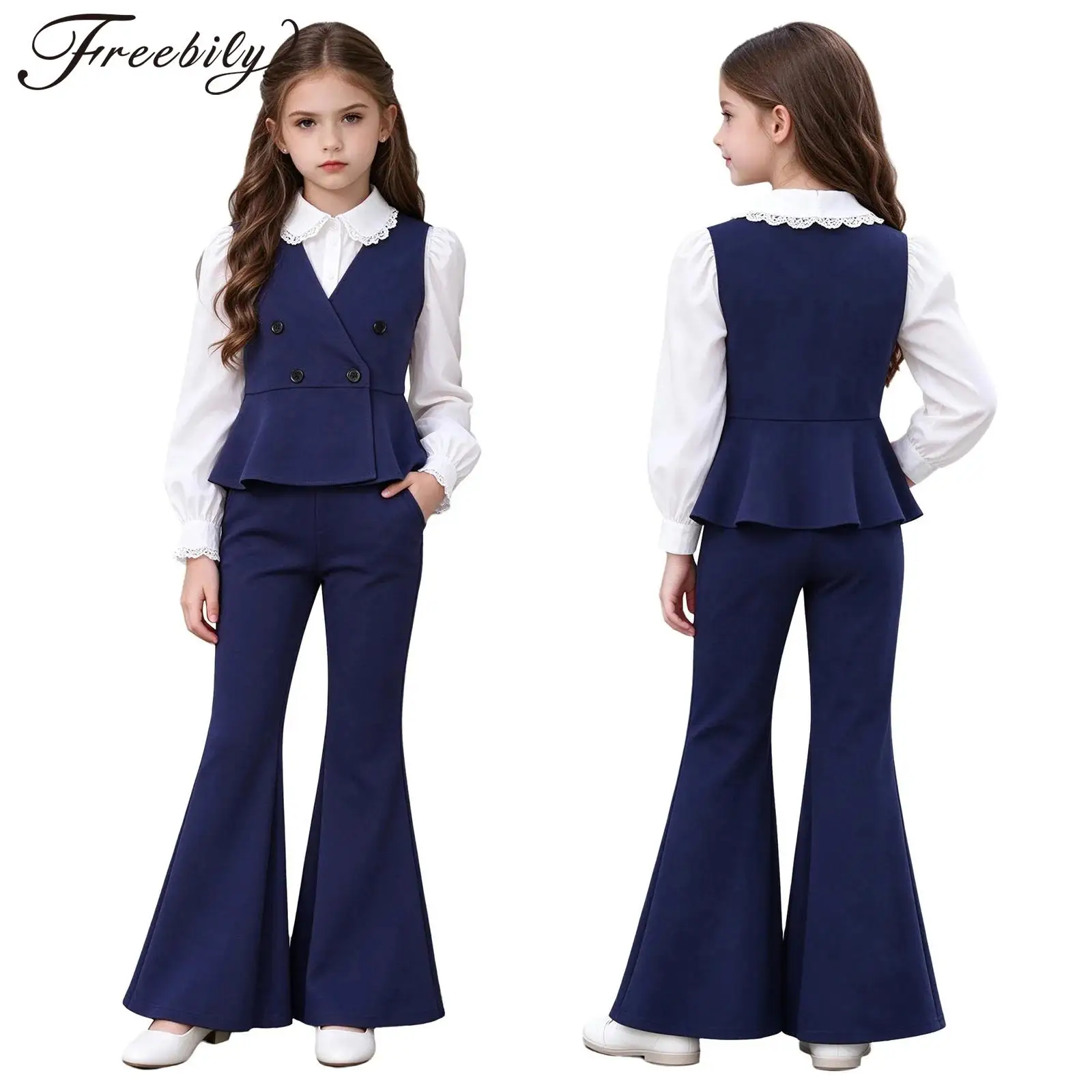 Kids Girls 2-piece Outfit Elegant V-neck Sleeveless Button Peplum Suit Vest with Bell-bottom Pants for Birthday Party Wedding