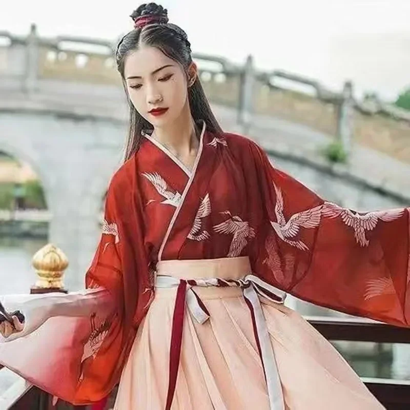 Modern Chinese Style Hanfu Ming Dynasty Improvement Traditional Dress Red Costume Woman Girl Gules Coat Skirt Set Dance Wear