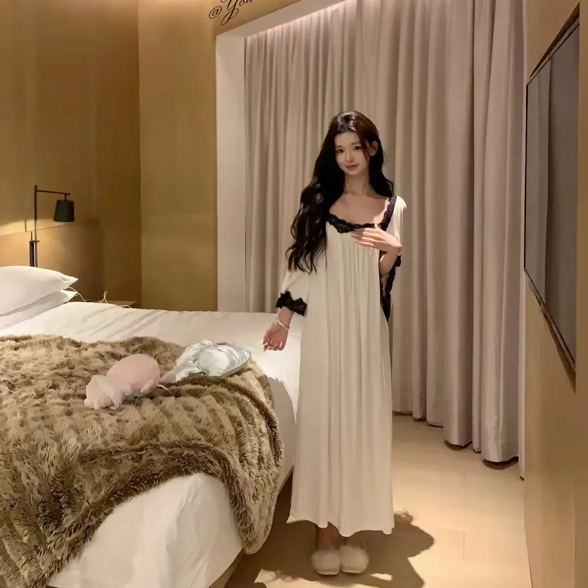 Pure desire new women's ice silk thin sleepwear with chest cushion, lace lace long over knee nightgown, home wear
