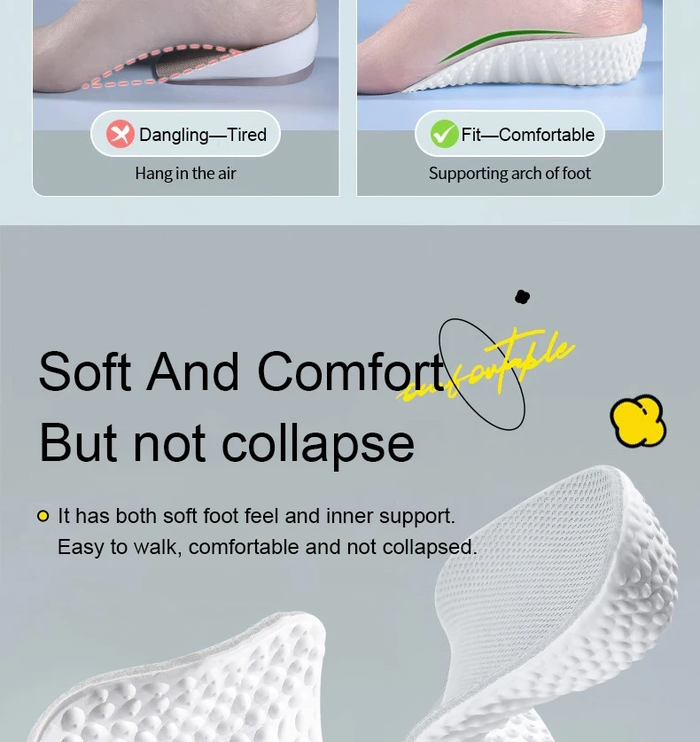 Höhenvergrößernde Einlegesohlen für Männer und Frauen, Schuhe für Plattfüße, Fußgewölbestütze, orthopädische Einlegesohlen, Sneaker, Fersenlift, Memory-Schaum, weiche Schuheinlagen – Detail 8