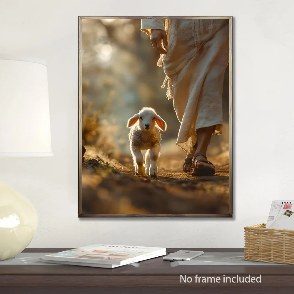 Impresión artística en lienzo de tonos cálidos rústicos, serie inspiradora religiosa de cordero y persona, póster de estilo d