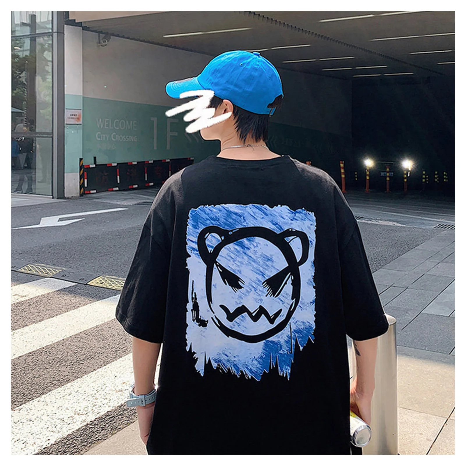 Men's Oversized Printed Shirt Trendy Student Loose Sports Cartoon Evil Tops for Holiday Traveling Clothes