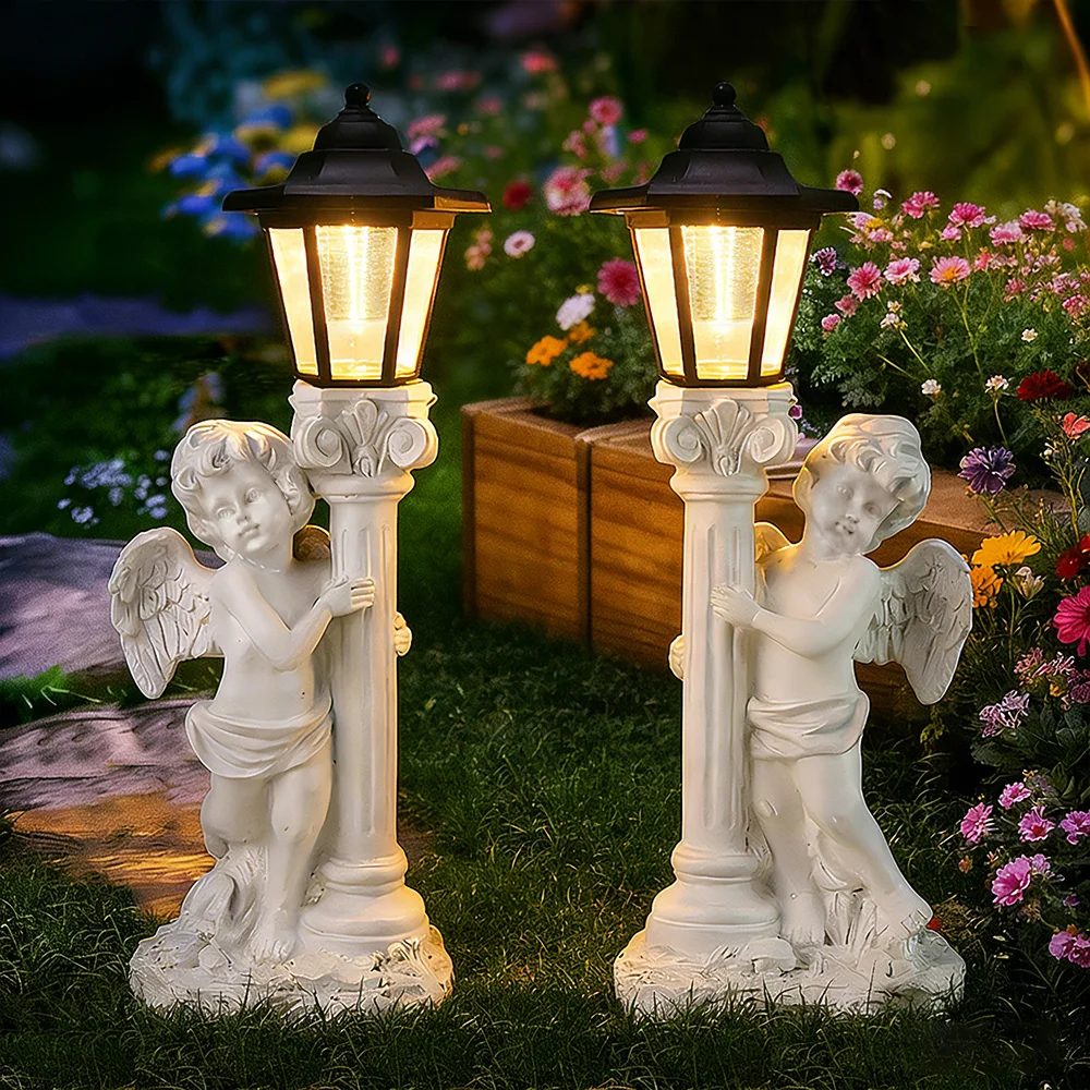 Resin Angel Solar Lamp Post Statue (Cherub)-Hand-painted Outdoor Art Collectible With Elegant Texture Garden Design