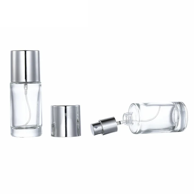 10Pcs Clear Bottle Packing Glass Perfume 20ML 30ML 50ML Round Shape Parfum Silver Spray Pump Refillable Cosmetic Mist Vials