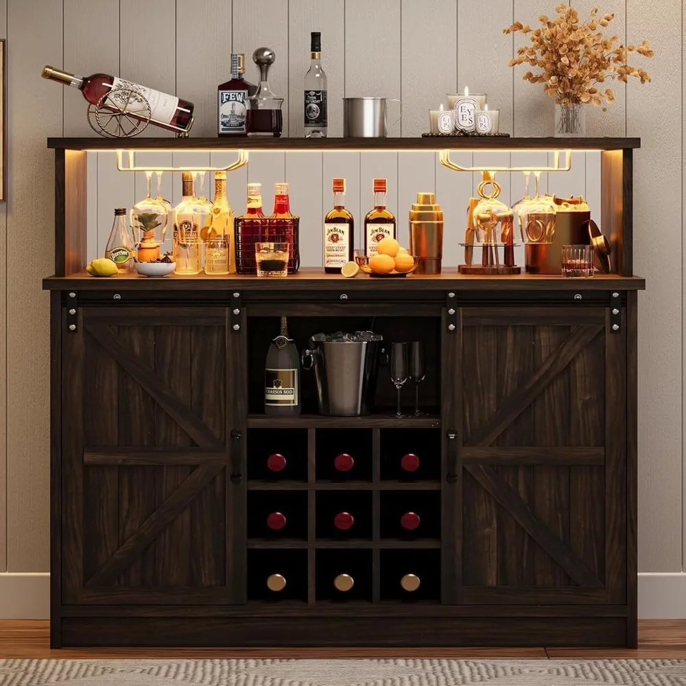 

Farmhouse Wine Bar Cabinet with LED Light & Mirror, 47” Buffet Sideboard with 4 Glass Hooks & 9 Wine Racks, Coffee Bar Cabinet