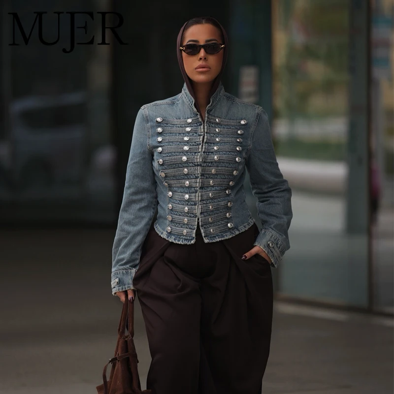 MUJER Button Denim Jacket Woman Fitted Cropped Bomber Jackets for Women Fashion Varsity Women's Jackets Long Sleeve Outerwears
