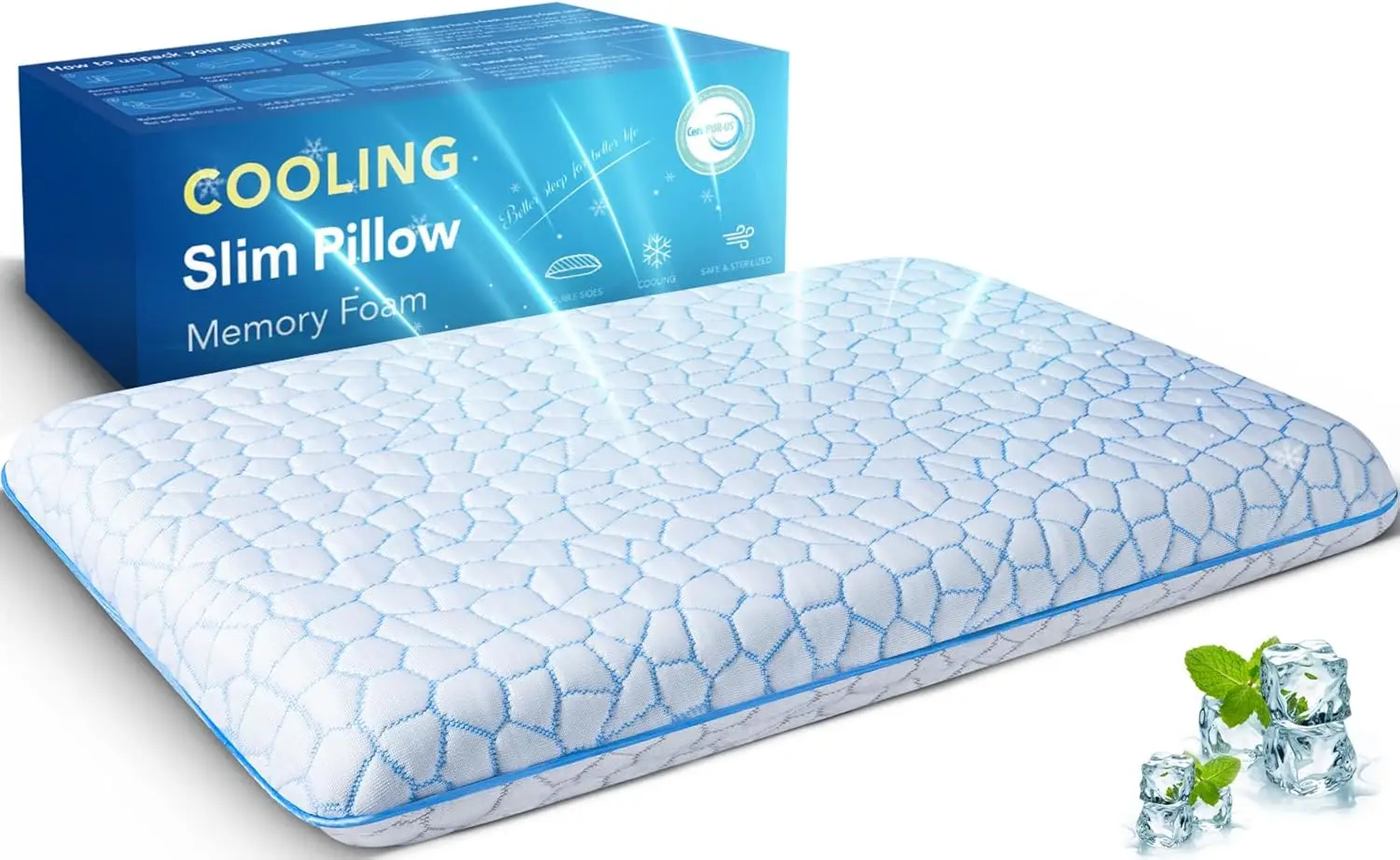 

Ultra Thin Cooling Memory Foam Pillow 2.75in Height for Stomach Sleepers Neck Back Support