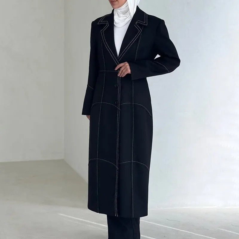 Patchwork Loose Fit Coat with Notched Lapel Line Pattern Shirt Sleeves Graceful Commuter Elegant Style Women Autumn Coat