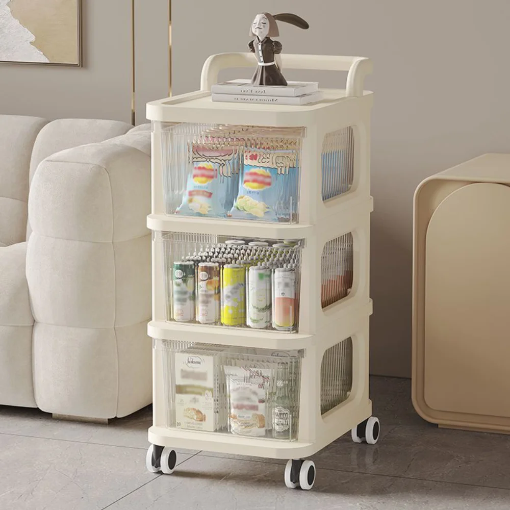 Kitchen Storage Cabinet Rack Transparent Multi-layer Small Cart Drawer Style Mobile Living Room Snack Sundries Shelf with Handle
