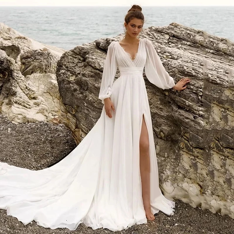 

Sexy High Split Beach Wedding Dresses Lace Chiffon Wedding Party Bridal Gowns V-neck, Long-sleeved Floor-length Wedding Dress